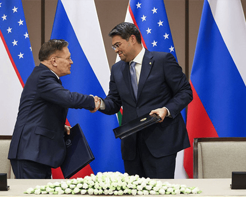 Uzatom head Azim Akhmedkhadjaev and Rosatom Director Alexey Likhachev at the Jizzakh nuclear power plant construction site in Uzbekistan