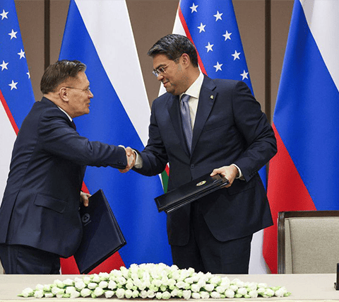Uzatom head Azim Akhmedkhadjaev and Rosatom Director Alexey Likhachev at the Jizzakh nuclear power plant construction site in Uzbekistan