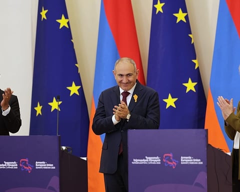 European Commission President Ursula von der Leyen, European Council President Antonio Costa and Armenian Prime Minister Nikol Pashinyan at EU-Armenia summit in Yerevan