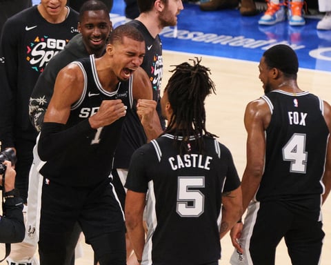 Victor Wembanyama celebrates with San Antonio Spurs teammates after defeating the Oklahoma City Thunder to reach the 2026 NBA Finals