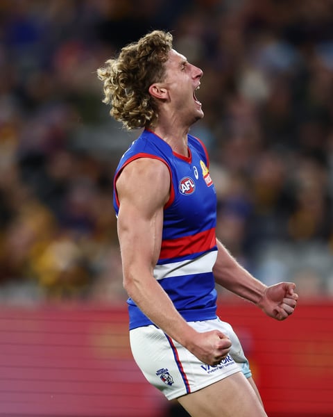 Aaron Naughton Western Bulldogs celebrates goal vs Hawthorn AFL Round 13 MCG 2026