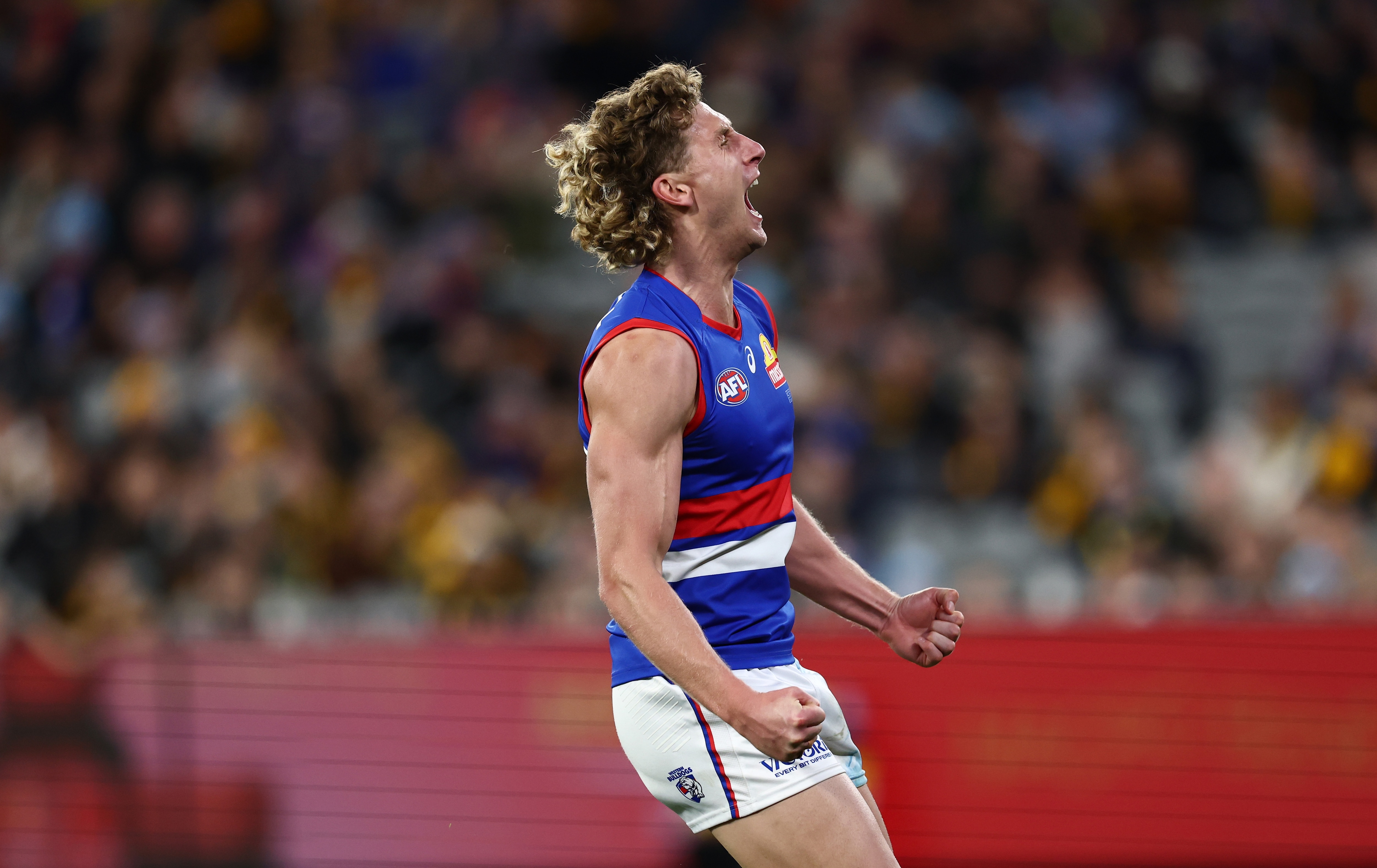 Aaron Naughton Western Bulldogs celebrates goal vs Hawthorn AFL Round 13 MCG 2026