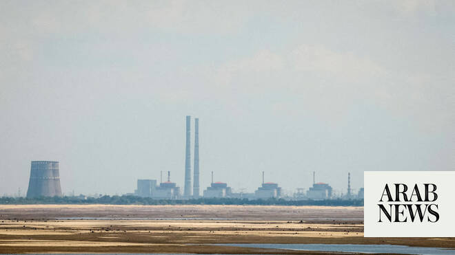 View of the Zaporizhzhia Nuclear Power Plant from Kakhovka Reservoir with reactor buildings visible